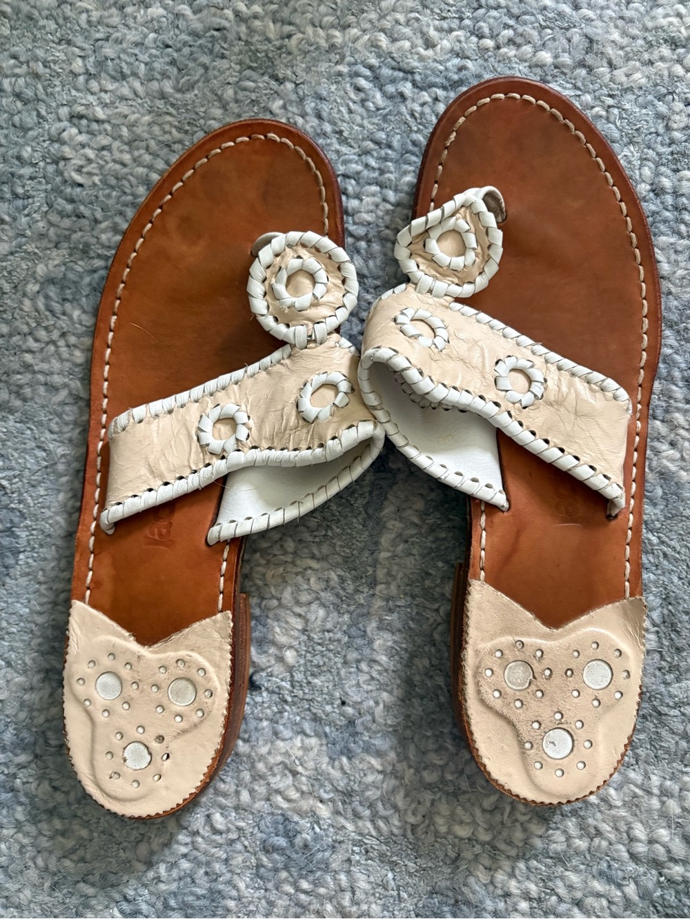 Jack Rogers Beige and Brown Leather Slide Sandals with Embellished Trim
